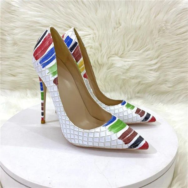 Zapatos de vestir moda sexy colorido cuero de piel de serpiente mosaico de tacón alto de 12 cm deslizamiento en bombas de mujeres talla 33-45