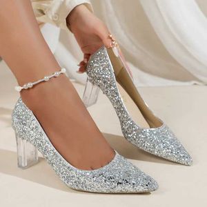 Chaussures habillées mode Crystal Silver Pompes Femmes 2024 Nouveaux talons épais clairs Femme Femme plus taille paillette pointu H240517