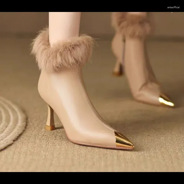 Zapatos de vestir Botas cortas de moda para mujeres 2024 Invierno Punta puntiaguda Tacones altos para mujer Stiletto Cálido Furry Cremallera Tobillo