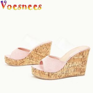 Robe chaussures mode transparent bande pantoufles été nouvelles femmes diapositives sandales sexy coins filles talons hauts plus taille rose extérieur h240325