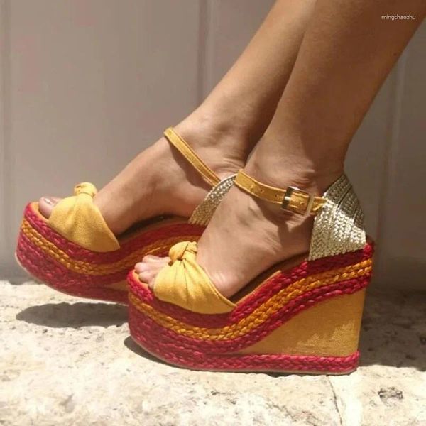 Robe chaussures mode tissage tresse espadrille compensée sandale jaune tissu noeud ouvert bout ouvert boucle sangle plate-forme été décontracté or