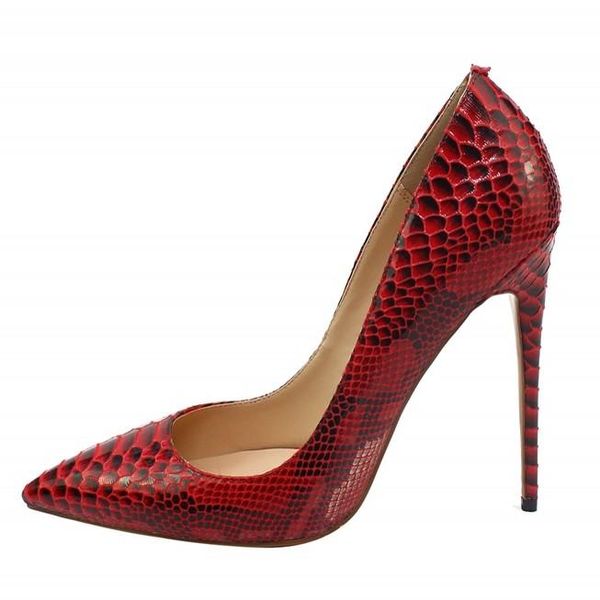 Zapatos de vestir Moda Mujer Zapatos de cuero de piel de serpiente Tamaño grande 34-46 Tacones altos finos Rojo Astilla Punta estrecha Boda sexy C039A