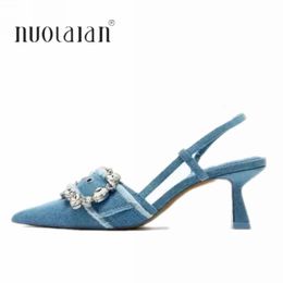 Kleid Schuhe Mode Frauen Blau Denim High Heels Elegante Spitz Pumps Büro Dame Heeled Slingbacks Frau 231208