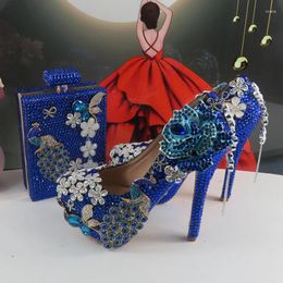 Dress Shoes Fashion Women Bridal Wedding and Bag High Pumps Woman Dunne Heel Tassel Crystal Party Blue Shoe