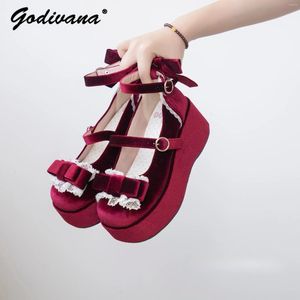 Dress Shoes Fashion Women Girls Lolita Velvet Retro Lace Bow Round Head Dik Bottom Wedge Heel Sweet Pumps Paltform