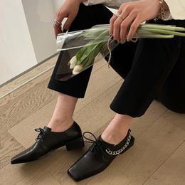 Zapatos de vestir Moda Mujer Cuero Oxfords Estilo británico Damas Punta cuadrada Cordones Pisos Primavera Otoño Mocasines femeninos Calzado individual