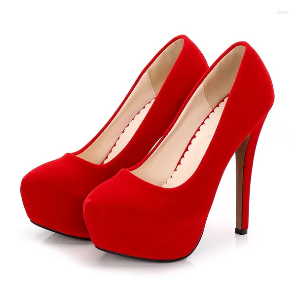 Zapatos de vestir Moda Bombas de mujer Tacón alto 14 cm 4 cm Plataforma Flocado Modelo Boda Stiletto Sexy Tamaño grande 35-46