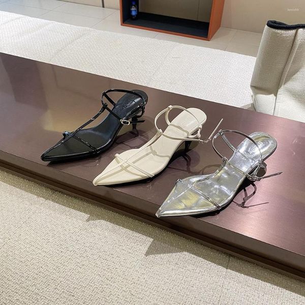 Zapatos de vestir Sandalias de mujer de moda Punta estrecha Banda estrecha Correa en T Tacones medios delgados Negro Blanco Plata Verano Diapositivas Mulas