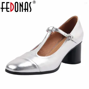 Dress Shoes Fedonas Silver Black Brown Women Leather Pumps Fashion T-String High Heel Office Elegant Round Round Toe Casual Woman