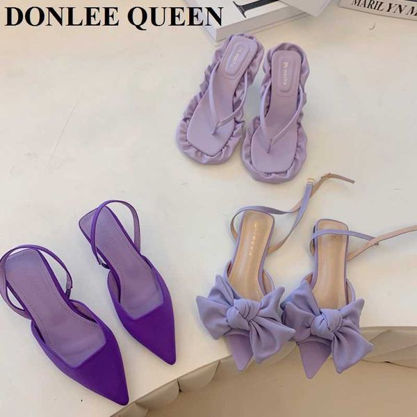 Chaussures habillées Femme Flipflop Sandales Femmes Stiletto Bout Ouvert Violet Arc Noeud Talons Hauts 2022 Mode Roman Sandale Élégant Mule Pantoufle SlideL230301