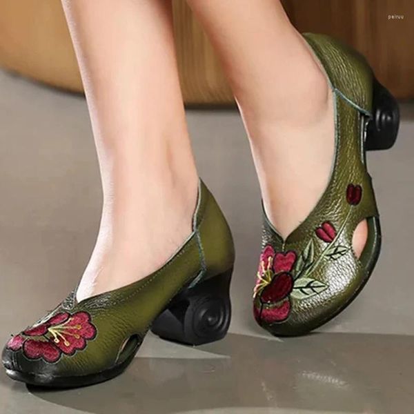 Kleid Schuhe Weibliche National Wind Echtes Leder Gestickte Pumpen 2023 Frühling Frauen Vintage Floral High Heels Dame Zapatos