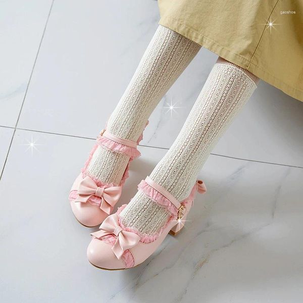 Chaussures habillées en dentelle féminine Mid Chunky Talon Sweet Girls Femme Kawaii Tea Party Japonais Anime mignon Lolita Femmes HARUJUKU COSPlay Bow