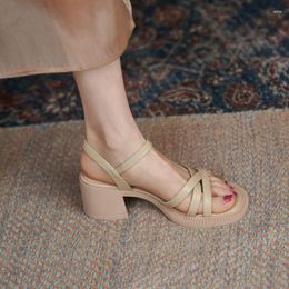 Dress Shoes Fhanchu 2022 Dames Dikke bodem Sandals platforms Zomer vierkant hoge hakken enkel gesp brapl abrikoos beige dropship