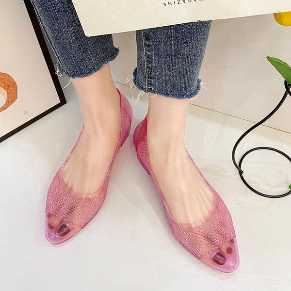 Chaussures de robe Fhanchu 2023 Femmes Crystal Sandales Summer Jelly Fond doux Fermer Bout pointu Slip sur Corée Bleu Rose Gold Dropship