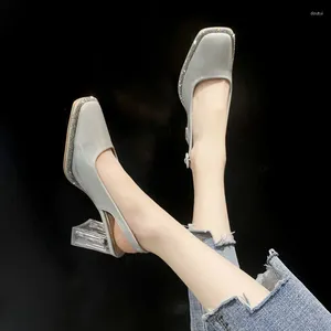 Zapatos de vestir FHANCHU 2023 Mujeres Sandalias de tacón alto Rhinestone Crystal Summer Square Toe Tobillo Hebilla Correa Negro Gris Beige Dropship