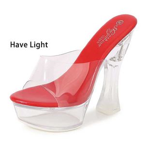 Zapatos de vestir Luz intermitente Claro PVC Mujer Zapatillas Verano Transparente Tacones altos 14 cm Club Sandalia Plataforma de cristal luminosa al aire libre H2403252