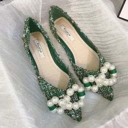 Chaussures habillées plates pour femmes printemps été grandes perles vert blanc appartements sans lacet mocassins décontractés Zapatillas Mujer 44 45 230220