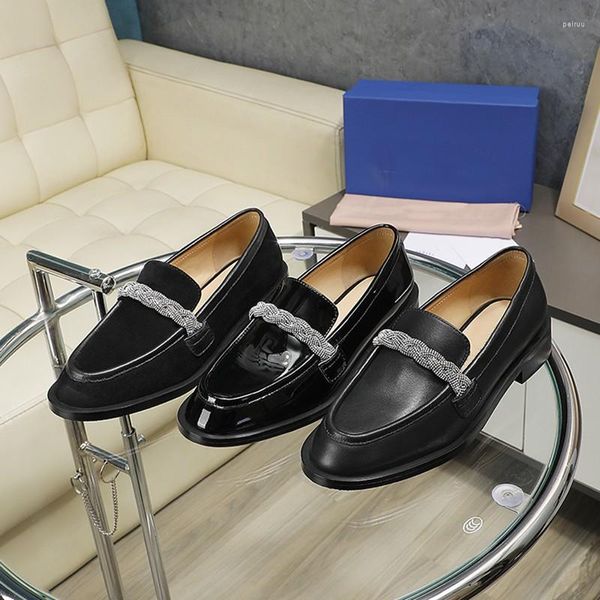 Chaussures habillées talon épais plat noir chaussure unique strass mocassins en cuir véritable plate-forme tête ronde style britannique tresse à la main pour femmes