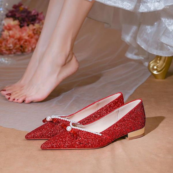 Zapatos de vestir planos boda mujeres embarazadas cómodo seguro novia pisos rojo pera Bowknot zapatilla de cristal tacón bajo estilo chino