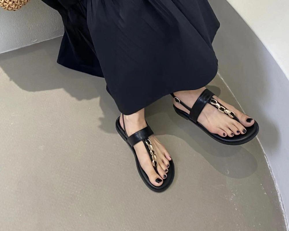 Kleidschuhe Flip-Flops Frauen tragen 2024 Sommermode All-Match Metall Fee Stil Flache Sandalen Plus Größe