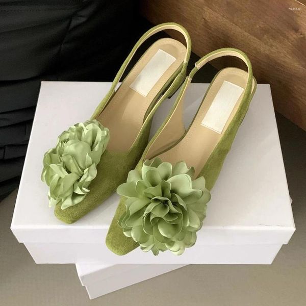 Zapatos de vestir flor tacón grueso mula mujer de gamuza tacones altos tacones verdes punta punta de sandalias bajas flores Mary Jane Pombs