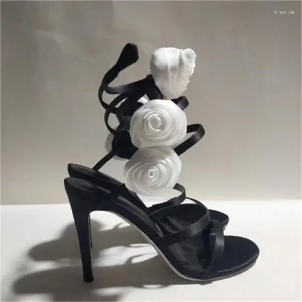 Zapatos de vestir decoración de flores para damas dedos redondos cinturones sandalias femeninas tacones altos tacones tacones con forma de serpiente correa de tobillo femme