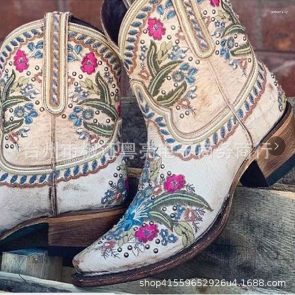 Zapatos de vestir con bordado de flores, botas cortas de vaquero para mujer, de cuero, puntiagudas, tacón grueso, tobillo, 2023, mujer, caballero del oeste