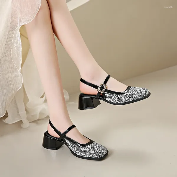 Zapatos de vestir estampado de flores Slingbacks Mujer de tacón mediano Estilo chino Pombas retro Retro Damas 2024 Tendencias de verano Mujeres