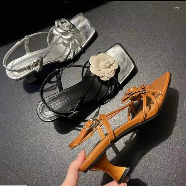 Robe chaussures fleur femmes talons hauts sexy sandales à bout carré 2024 été créateur de mode fête élégante pompes confortables femme diapositives