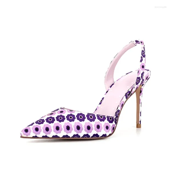 Chaussures habillées fleurs motif dames imprimeurs dossier dos mince talons hauts sandales pointues orteil violets pompes pour femmes ceinture féminin sandalias