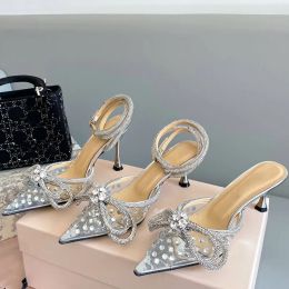 Chaussures habillées pour femmes Crystal Embellished Bow sandales à talons hauts sexy Designer Heels transparent Pearl drill party pantoufles Talon de 9,5 cm avec boîte
