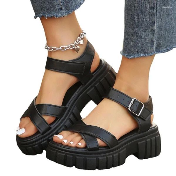 Zapatos de vestir para mujer verano transpirable correas de piel casual suela gruesa zapato fresco tacones altos sandalias suaves