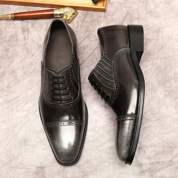 Zapatos de vestir negro formal para hombres de cuero genuino hombre casual de lujo encaje gris de lujo para boda oxford square cabeza