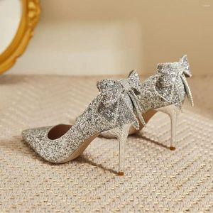 Robe chaussures mariée française fille cristal strass noeud papillon talon haut bout pointu brillant femmes pompes solides