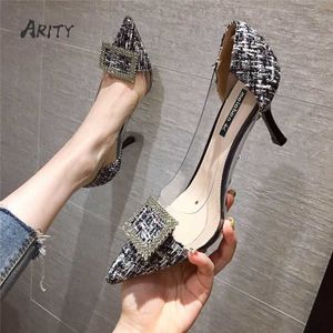 Dress Shoes French Girl High Heel Dames Stiletto Pumps Mixed Color All-Match Rhinestone Buckle Transparant Pointed Sexy Party Dress Shoes 221224