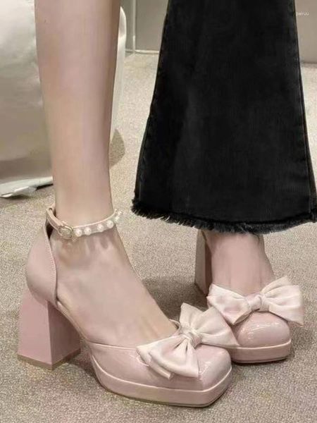 Sapatos de vestido Francês Vintage Mary Janes Mulheres Bow-Nó Kawaii Doce Plataforma Feminina String Bead Coreano Designer 2024 Outono