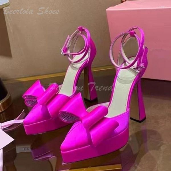 Zapatos de vestir Plataforma fucsia Tacones de cristal Rosa Rojo Mujer Sandalias de satén negro Arco blanco Hebilla Bomba puntiaguda Elegante polluelo