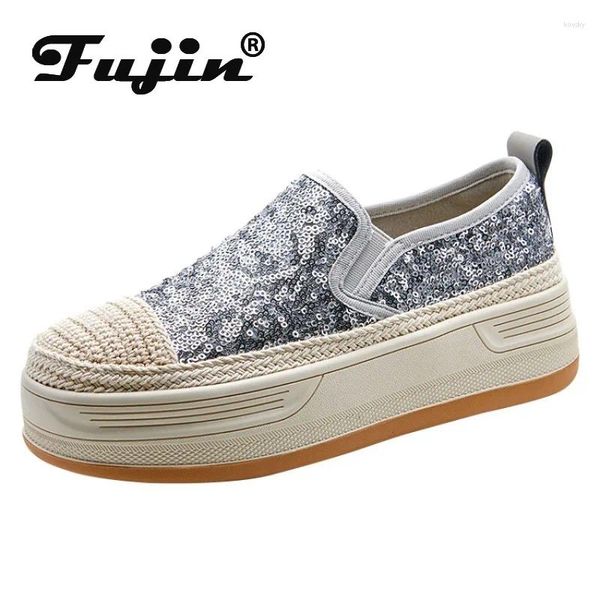 Chaussures habillées fujin 4cm synthétique plate-forme en tricot de coin plateaux décontractés en cuir bling confortable