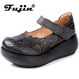 Chaussures habillées fujin 6cm rond Hook Fashion Femmes Plateforme en relief coin printemps ethnique en cuir authentique Mary Jane Ladies Automne Summer