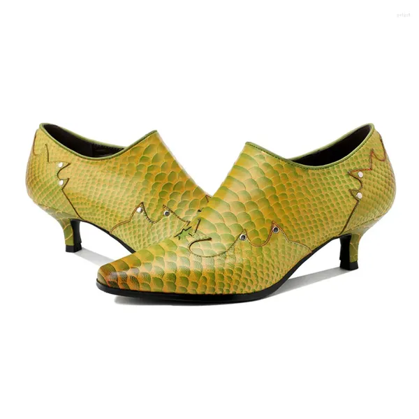 Zapatos de vestir Cuero genuino Estampado animal Stiletto para mujer Tacón alto Sexy Punta puntiaguda Cremallera Bombas para mujer Tacones finos Amarillo