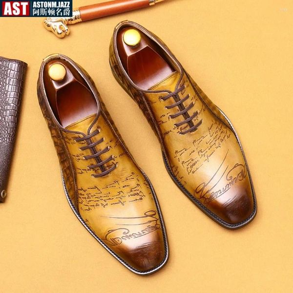 Chaussures habillées en cuir authentique oxfords hommes entièrement coupés décontractés toe pointu.