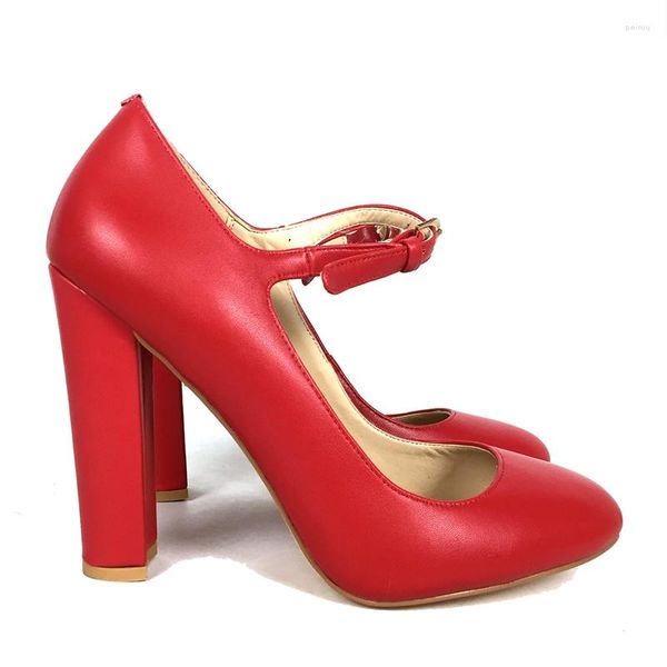 Zapatos de vestir de cuero genuino rojo para mujer, zapatos de tacón alto con punta redonda, tacón de bloque, correa de hebilla, calzado de trabajo para mujer, atuendo de moda