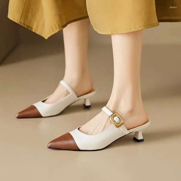 Zapatos de vestir Sandalias de cuero genuino Verano de mujer 2024 Moda Bolso de bloque de color simple Punta puntiaguda Tacones altos con zapatillas de mula