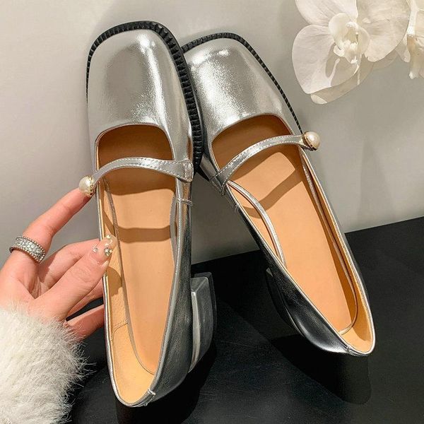 Chaussures habillées en cuir authentique argent carré noir fermé orteil doux filles printemps chunky med talons mary janes femmes pompes