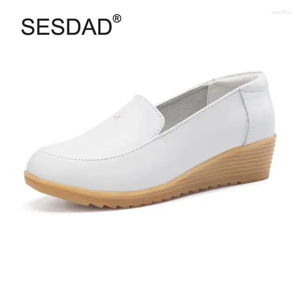 Chaussures habillées en cuir véritable blanc confortable talons hauts femmes bas coin travail dames décontracté slip-on compensées