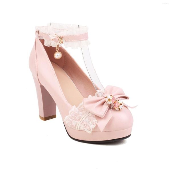 Robe Chaussures Filles Sweet Mary Jane Lolita Volants Bowknot Dentelle Mariée Mariage Femmes Talon Haut Bordé Princesse Hommes Rose Taille 43