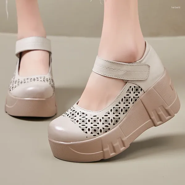 Zapatos de vestir GKTINOO hecho a mano retro mujeres gancho bucle sandalias de cuero genuino 2024 primavera verano plataforma hueca cuñas zapatillas de deporte