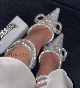 Zapatos de vestir Glitter Berlian Imitasi Kobiety Pompy Kristal Ikatan Simpul Satynowe Sanday 2023 Letnie Przezroczyste Buty Wysokie Obcasy Na Impreza Tuba 230425