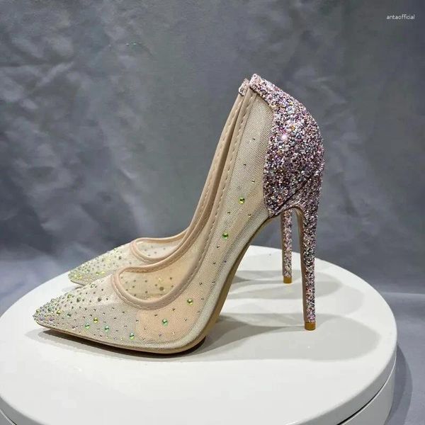 Zapatos de vestir Glitter Lentejuelas Mujeres Gasa Malla Punta puntiaguda Tacón alto Bling Rhinestones Fiesta de boda Resbalón en bombas de estilete