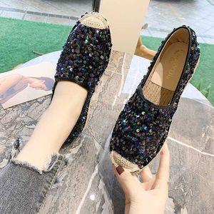 Chaussures habillées Glitter Straw Weave Fisherman Femme Bout rond Slip on Shine Bling Flats Casual All Match Comfy Lazy Mocassins Mocassins 2022 Y23